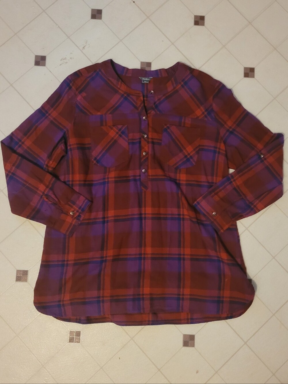 Eddie Bauer Womens 2XL Plaid Shirt Roll Tab Sleeves Purple Pink Red